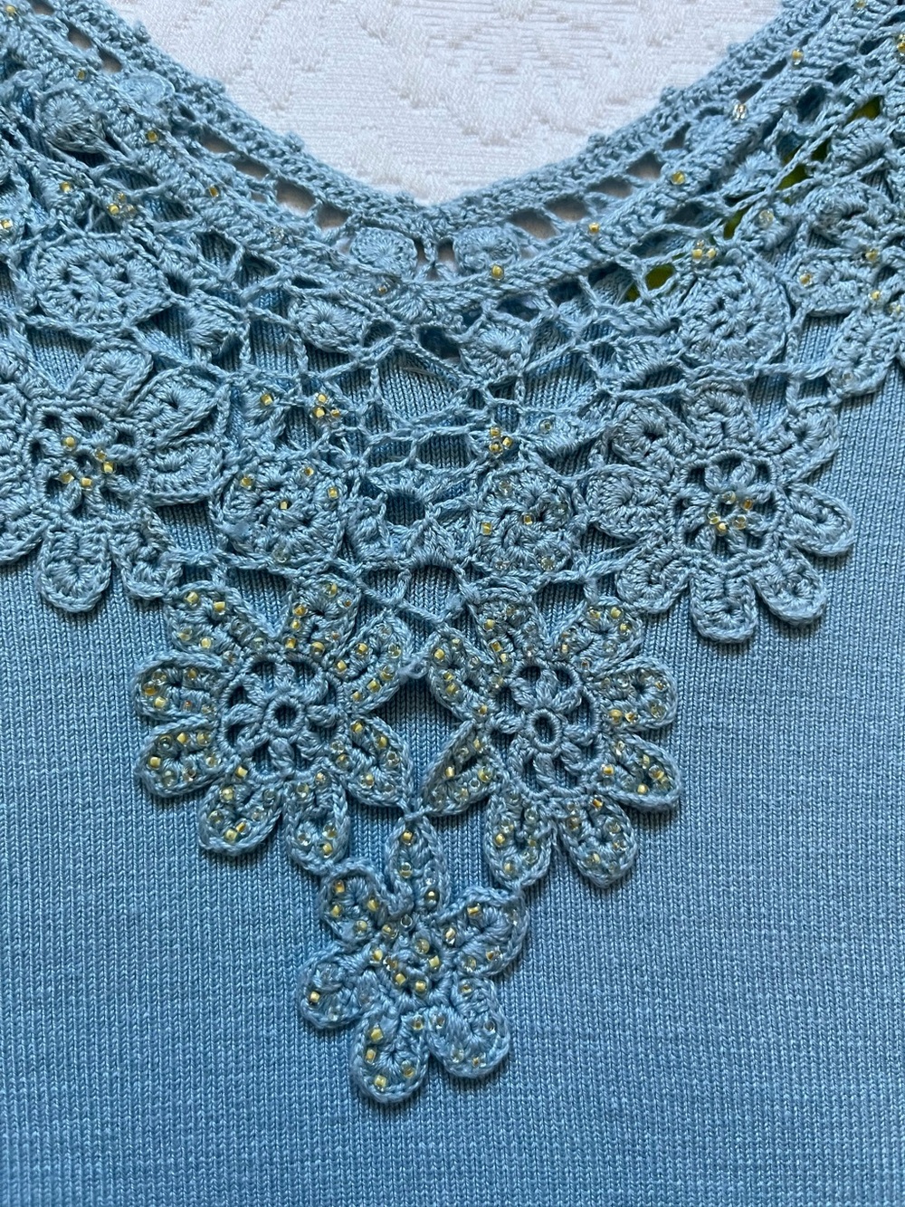 Sigrid Olsen Silk Blend Crochet Lace Trim V Neck Women's Top Light Blue S Y2K